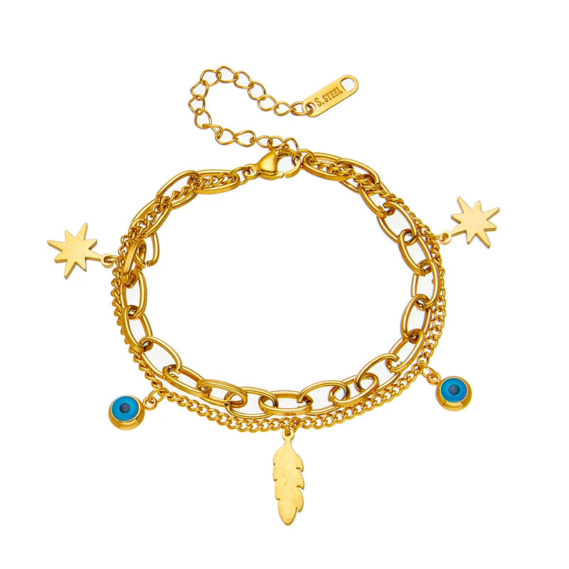 316L Stainless Steel Layered Stars Eye Leaves Bracelet
