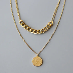 Vintage Queen Coin Charms 2 Layer Thick Chain Choker Necklace