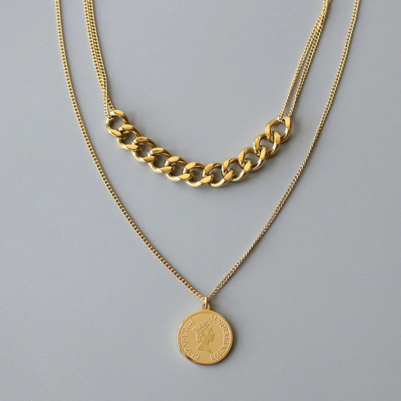 Vintage Queen Coin Charms 2 Layer Thick Chain Choker Necklace