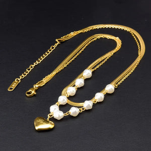2 Layer Pearl Butterfly Heart Charm Choker Necklace Pendant