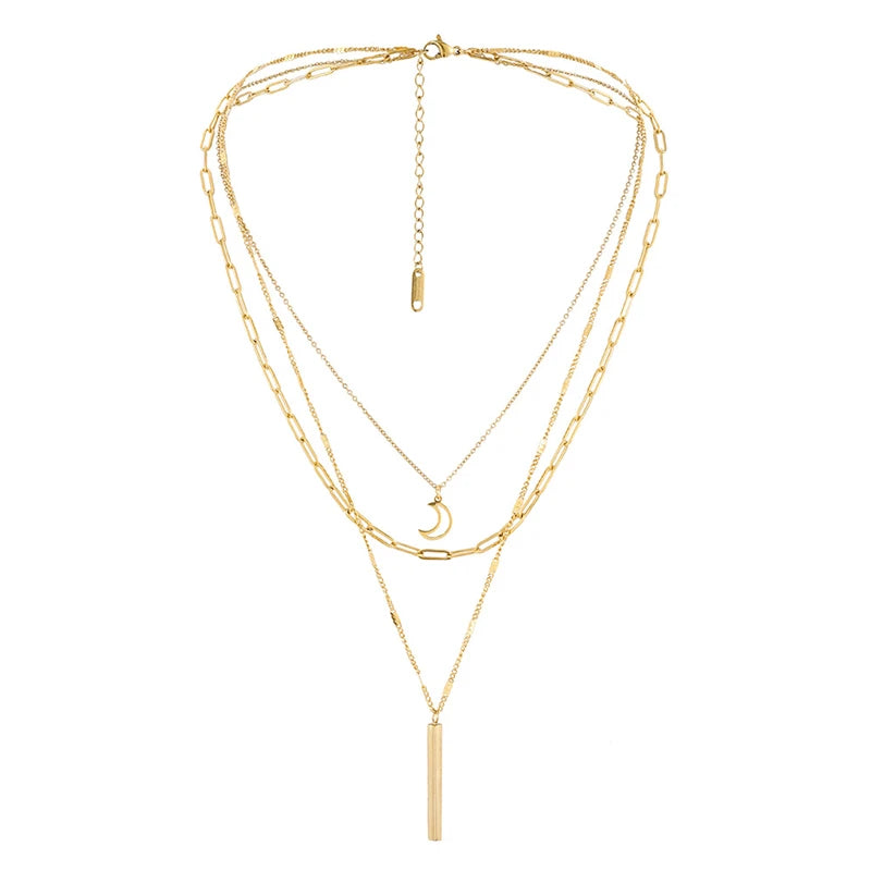 3 Layer Crescent Moon Cylinder Charm Choker Necklace Pendant