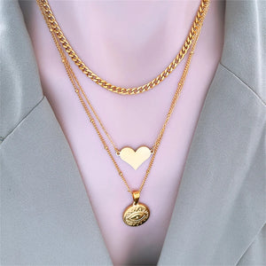 3-Layer Stainless Steel Heart Round Eye Choker Necklace for Women