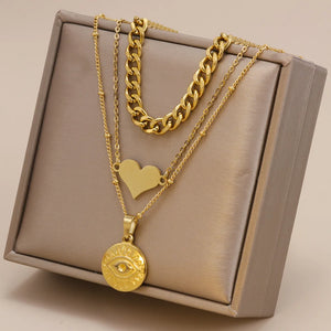 3-Layer Stainless Steel Heart Round Eye Choker Necklace for Women