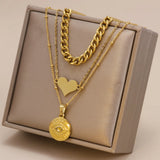 3-Layer Stainless Steel Heart Round Eye Choker Necklace for Women