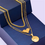 3-Layer Stainless Steel Heart Round Eye Choker Necklace for Women