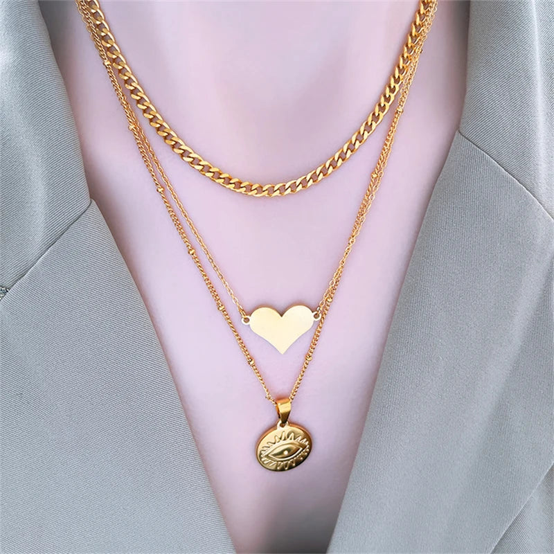 3-Layer Stainless Steel Heart Round Eye Choker Necklace for Women