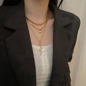 316L Stainless Steel Zircon Heart Snake Charms Chain Choker Necklace