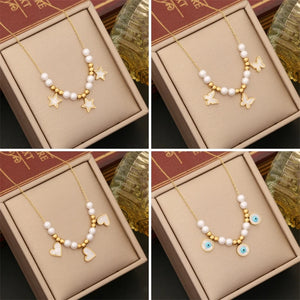 Eyes Heart Charm Choker Necklaces Pendants - 8 Different Pearl Stone Options