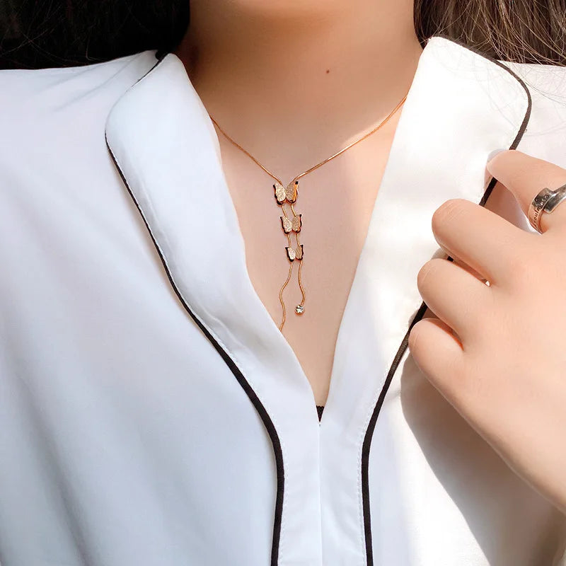 316L Stainless Steel Butterfly Zircon Tassel Charms Choker Necklace
