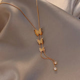 316L Stainless Steel Butterfly Zircon Tassel Charms Choker Necklace