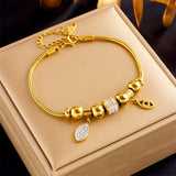 316L Stainless Steel Zircon Eye Leaf Charm Snake Chain Bracelet