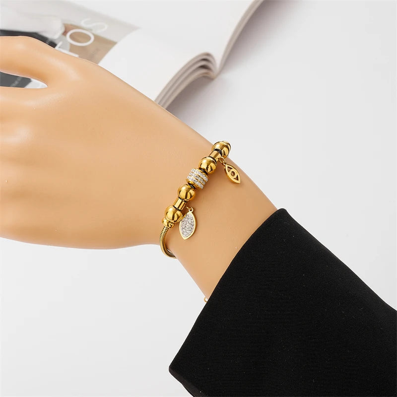 316L Stainless Steel Zircon Eye Leaf Charm Snake Chain Bracelet