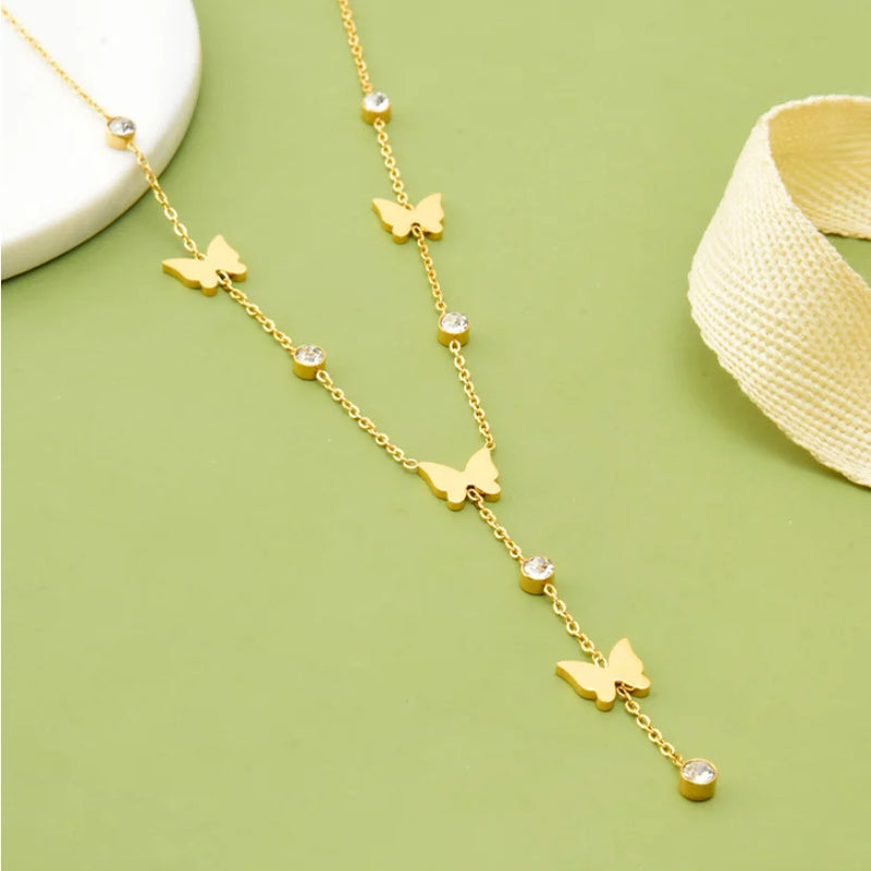 316L Stainless Steel Butterfly Tassel Charm Choker Necklace
