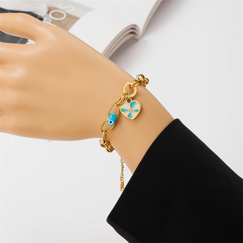 316L Stainless Steel Zircon Shell Bead Heart Charm Bracelet