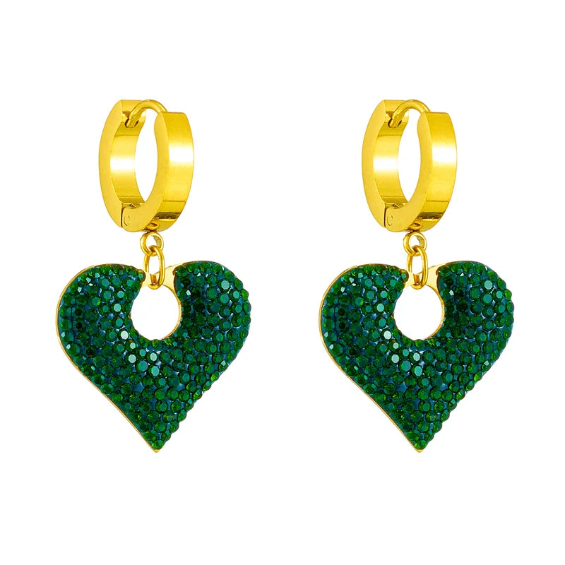 316L Stainless Steel Green Zircon Heart Stud Earrings