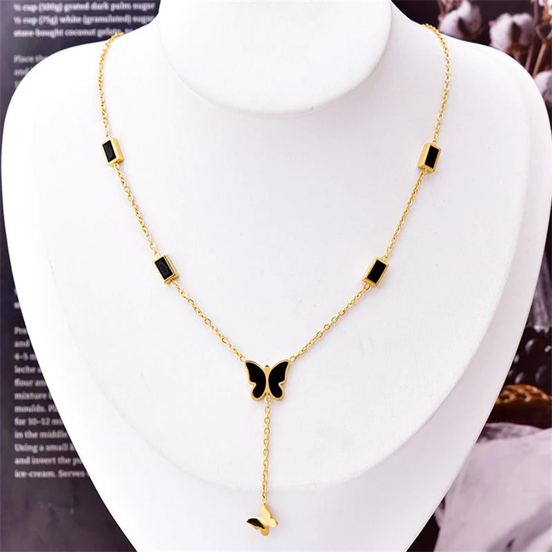 316L Stainless Steel Zircon Butterfly Charms Chain Choker Necklace