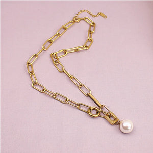Geometric Pearl Charms Thick Chain Choker Necklace