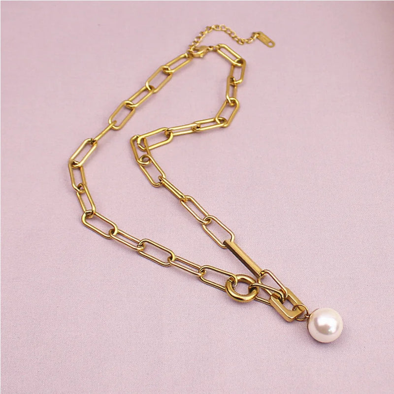 Geometric Pearl Charms Thick Chain Choker Necklace
