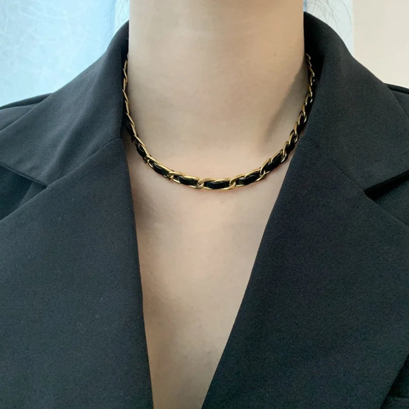 316L Stainless Steel Leather Weave Charms Thick Chain Choker Necklace