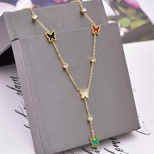 Butterfly Charm Choker Necklace - Natural Shells Zircon Pendant