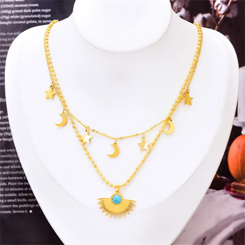 316L Stainless Steel Moon Star Charm Choker Set