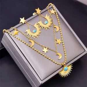 316L Stainless Steel Moon Star Charm Choker Set