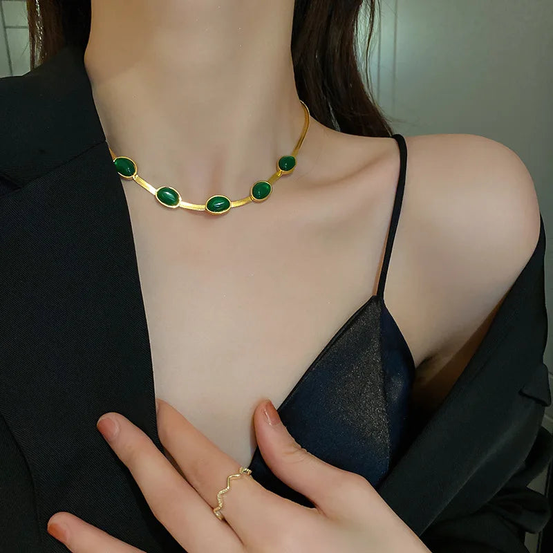 316L Stainless Steel Green Zircon Choker Necklace Bracelet Set