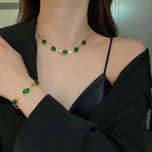 316L Stainless Steel Green Zircon Choker Necklace Bracelet Set
