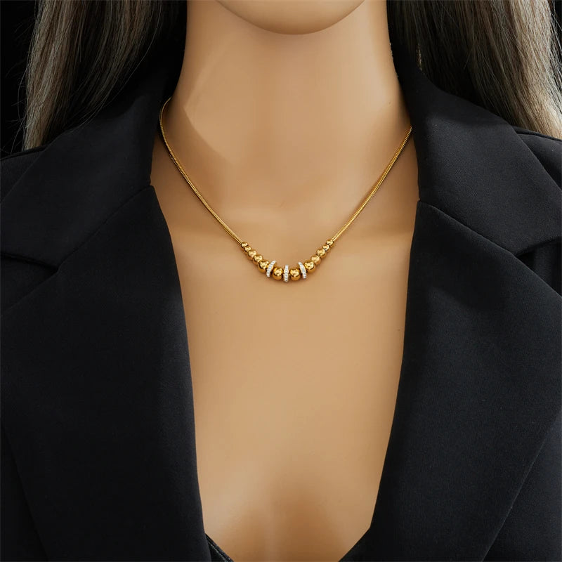 316L SS Gradual Zircon Bead Charm Snake Chain Choker Necklace