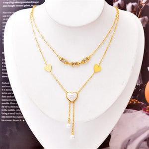 316L Stainless Steel Heart Pearl Tassel Charm Chain Choker Necklace