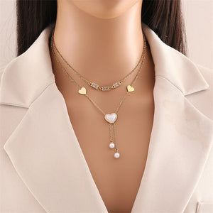 316L Stainless Steel Heart Pearl Tassel Charm Chain Choker Necklace
