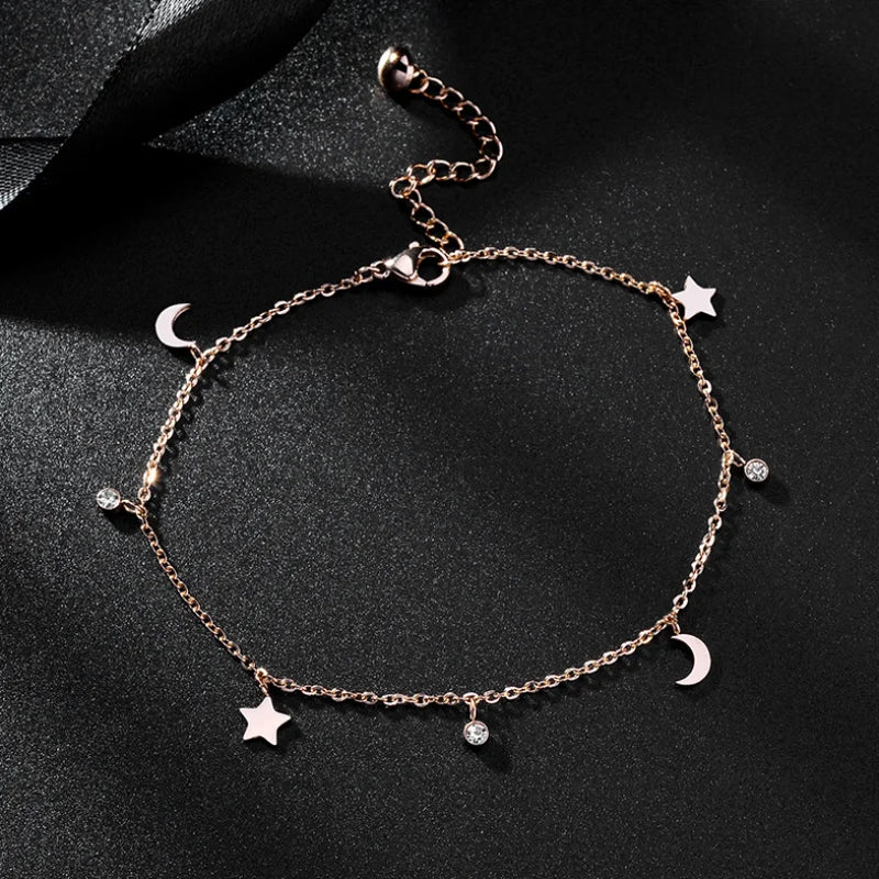 316L SS Zircon Stars Moon Charm Chain Anklet Women Tobillera Cheville