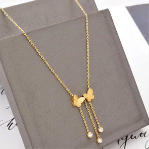 316L Stainless Steel Butterfly Charm Anklet with Zircon Tassels