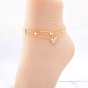 316L Stainless Steel 2 Layer Natural Shells Butterfly Charm Anklet