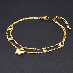 316L Stainless Steel 2 Layer Natural Shells Butterfly Charm Anklet