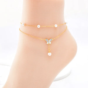 High-end 2 Layer Pearl Shells Butterfly Anklet for Women