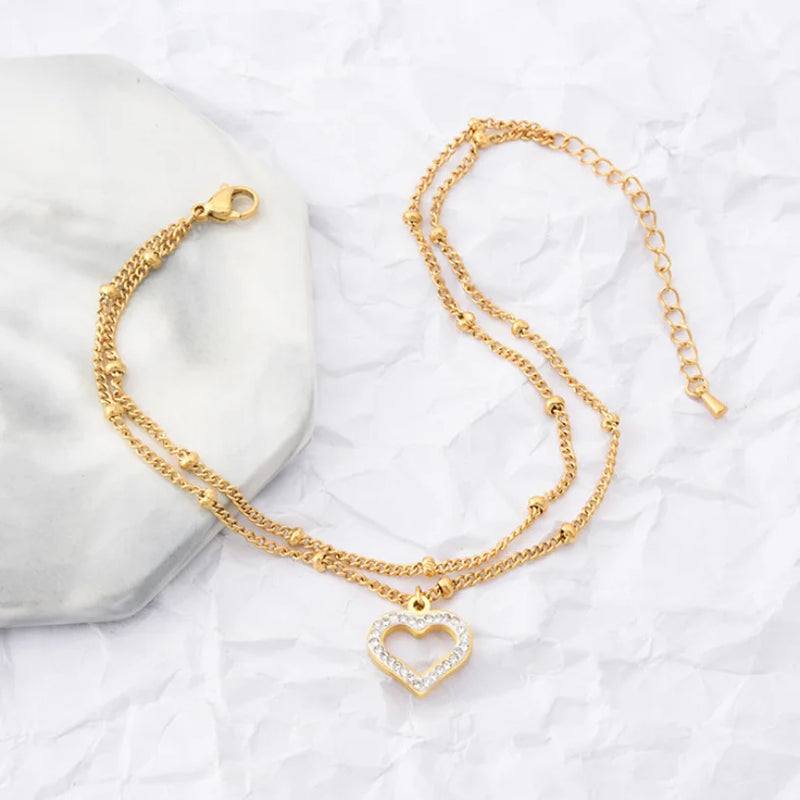316L SS Zircon Heart Charm 2 Layer Anklet For Women