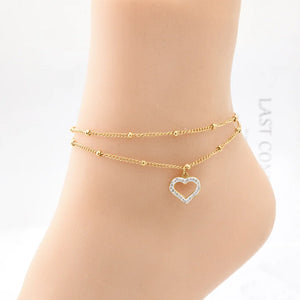 316L SS Zircon Heart Charm 2 Layer Anklet For Women