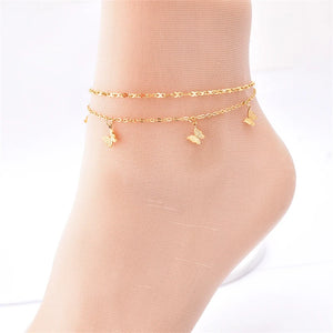 316L Stainless Steel Double Layer Anklet with 5 Frosted Butterflies