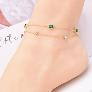 316L Stainless Steel 2 Layer Zircon Green Crystal Charm Anklet