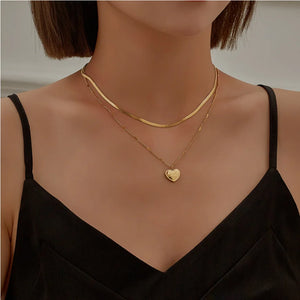 316L Stainless Steel Heart Carving 2 Layer Charm Choker Necklace Pendant