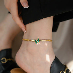 316L Stainless Steel Green Butterfly Charm Thick Chain Anklet
