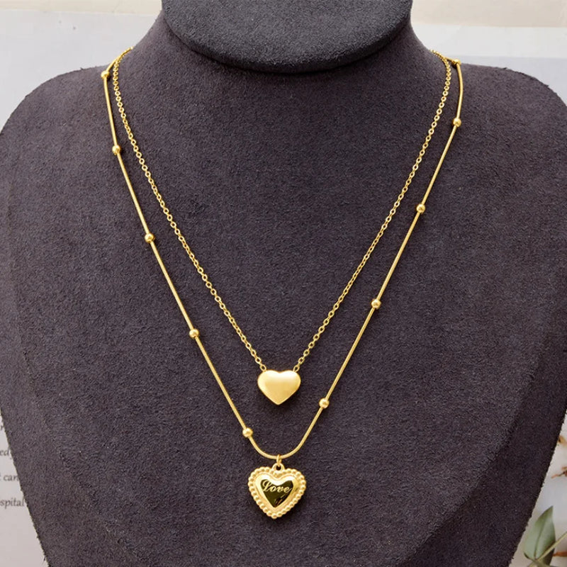 2 Layer 2 Love Heart Beaded Charms Chain Choker Necklaces & Pendants