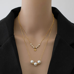316L Stainless Steel 2 Layer Pearl Daisy Charms Choker Necklace