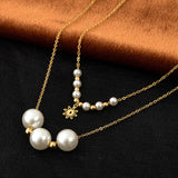 316L Stainless Steel 2 Layer Pearl Daisy Charms Choker Necklace