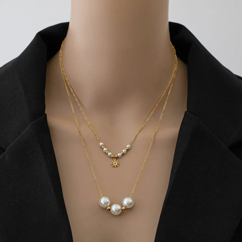 316L Stainless Steel 2 Layer Pearl Daisy Charms Choker Necklace