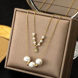 316L Stainless Steel 2 Layer Pearl Daisy Charms Choker Necklace