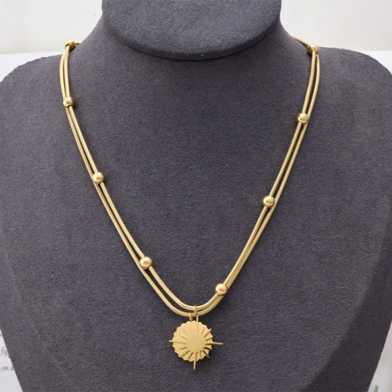 Layered Beaded Sun Charms Choker Necklace