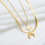 2 Layer Crescent Moon Star Choker Necklace