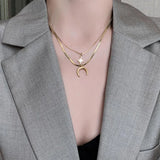2 Layer Crescent Moon Star Choker Necklace